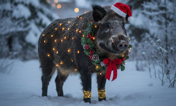 Wildschwein im Schnee mit Weihnachtsmütze